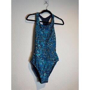 TYR Womens One Piece Swimsuit Blue Teal Water Print Racerback NWOT Sz L